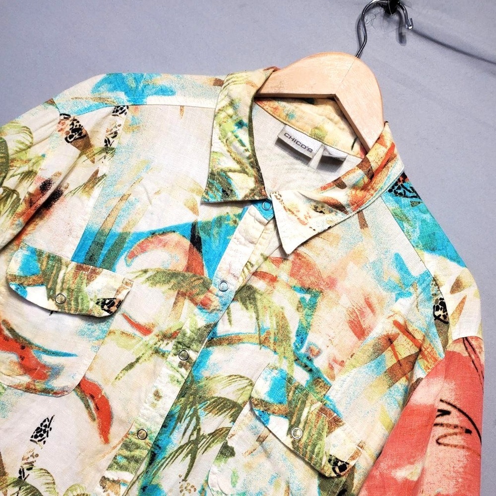 Chicos 100% Linen Tropical Print Button Down‎ Shirt Women XL Resort Vacation Art